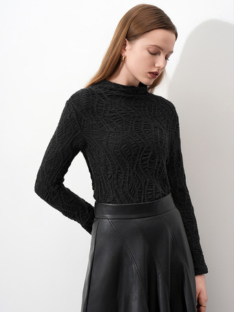 長袖 T シャツ プリーツ テクスチャード フィット ハーフ タートルネック ベースレイヤー トップス レディース 2025