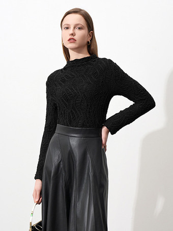 長袖 T シャツ プリーツ テクスチャード フィット ハーフ タートルネック ベースレイヤー トップス レディース 2025