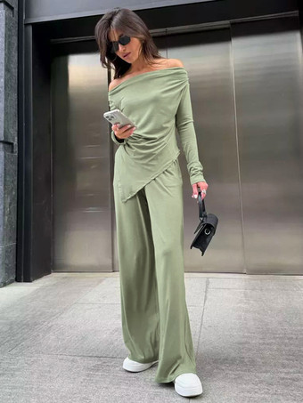 レディース向けツーピースコーデセット オフショルダー ルーシュトップスとワイドレッグパンツ 春の長袖カジュアルコーデ 2025