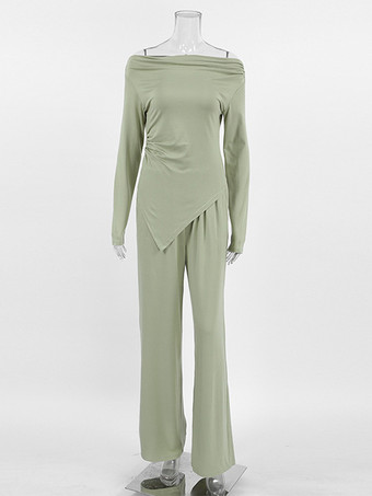 レディース向けツーピースコーデセット オフショルダー ルーシュトップスとワイドレッグパンツ 春の長袖カジュアルコーデ 2025