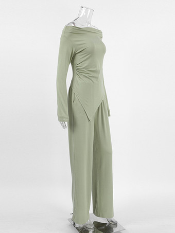 レディース向けツーピースコーデセット オフショルダー ルーシュトップスとワイドレッグパンツ 春の長袖カジュアルコーデ 2025