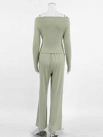 レディース向けツーピースコーデセット オフショルダー ルーシュトップスとワイドレッグパンツ 春の長袖カジュアルコーデ 2025