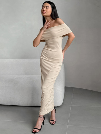 カーキ ボディコンドレス オフショルダー スリムフィット エレガント セミフォーマル パーティー ルーシュ マキシドレス レディース 2025