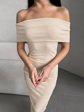 ボディコンドレス オフショルダー スリムフィット エレガント セミフォーマル パーティー ルーシュ マキシドレス レディース 2025