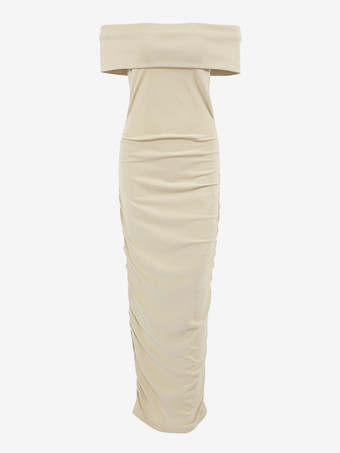 ボディコンドレス オフショルダー スリムフィット エレガント セミフォーマル パーティー ルーシュ マキシドレス レディース 2025