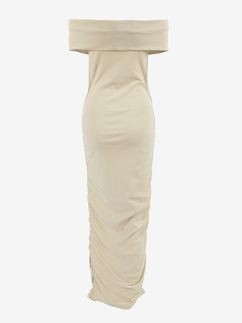 ボディコンドレス オフショルダー スリムフィット エレガント セミフォーマル パーティー ルーシュ マキシドレス レディース 2025