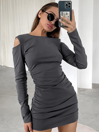 グレイカットアウトショルダーのボディコンドレス、長袖、ジュエルネック、スリムフィット、セクシーなミニドレス、レディース 2025