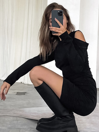 カットアウトショルダーのボディコンドレス、長袖、ジュエルネック、スリムフィット、セクシーなミニドレス、レディース 2025