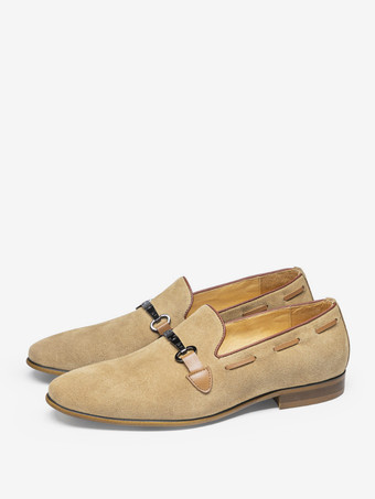 カーキ レザーメタルディテールのホースビットローファーシューズ（メンズ）