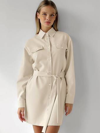 カーキ ミニマリストシャツドレス ベルト付き ターンダウンカラー 長袖 ミニドレス レディース 2025