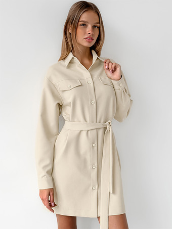 ミニマリストシャツドレス ベルト付き ターンダウンカラー 長袖 ミニドレス レディース 2025