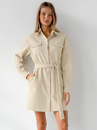 ミニマリストシャツドレス ベルト付き ターンダウンカラー 長袖 ミニドレス レディース 2025