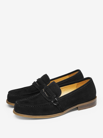 ブラック メンズ ペニーローファー ラウンドトゥ レザーシューズ