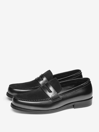 ブラック メンズ ペニーローファー ラウンドトゥ レザーシューズ