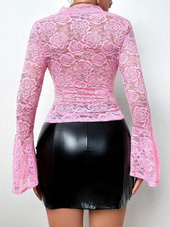 ピンク レース T シャツ レディース ベルスリーブ 深め V ネック セクシー シアー トップス 2025