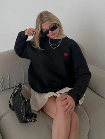 キュートなハートのディテール付きオーバーサイズスウェットシャツ 長袖 ジュエルネックライン 春のレディーストップス 2025