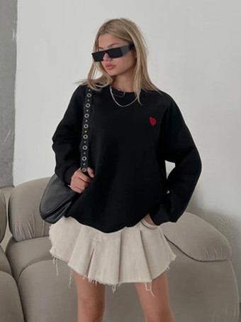 ブラック キュートなハートのディテール付きオーバーサイズスウェットシャツ 長袖 ジュエルネックライン 春のレディーストップス 2025