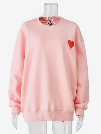 キュートなハートのディテール付きオーバーサイズスウェットシャツ 長袖 ジュエルネックライン 春のレディーストップス 2025