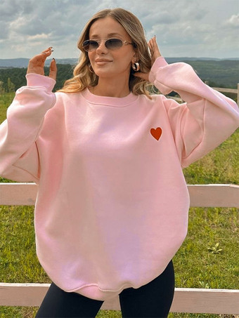 ピンクキュートなハートのディテール付きオーバーサイズスウェットシャツ 長袖 ジュエルネックライン 春のレディーストップス 2025