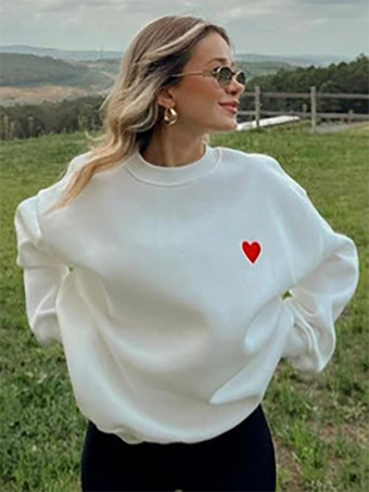 ホワイト キュートなハートのディテール付きオーバーサイズスウェットシャツ 長袖 ジュエルネックライン 春のレディーストップス 2025