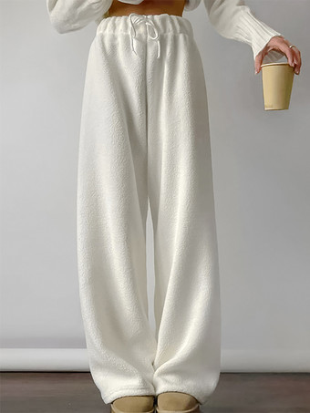 ホワイト ドローストリング付きの快適なシェルパフリースパンツ、レディース用カジュアル春ワイドレッグパンツ 2025