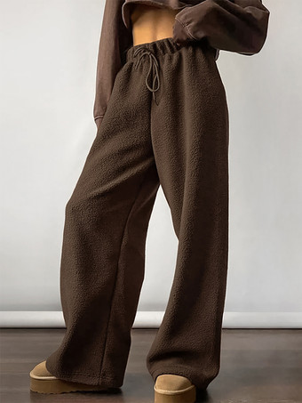 ブラウンドローストリング付きの快適なシェルパフリースパンツ、レディース用カジュアル春ワイドレッグパンツ 2025