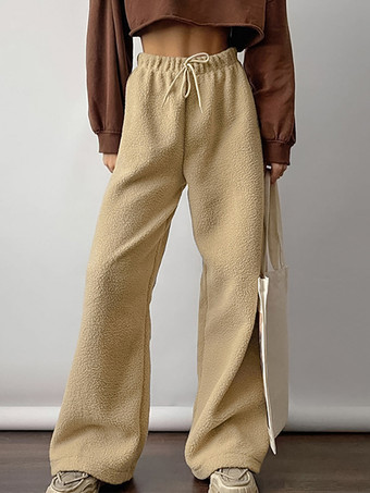 ドローストリング付きの快適なシェルパフリースパンツ、レディース用カジュアル春ワイドレッグパンツ 2025