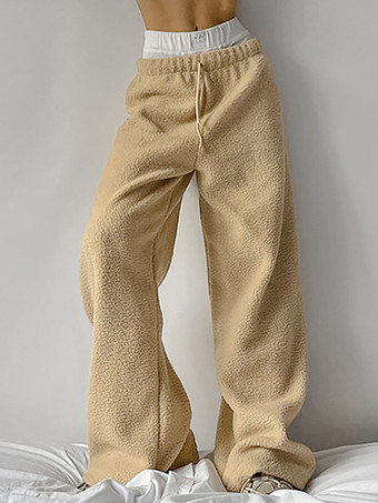 ドローストリング付きの快適なシェルパフリースパンツ、レディース用カジュアル春ワイドレッグパンツ 2025