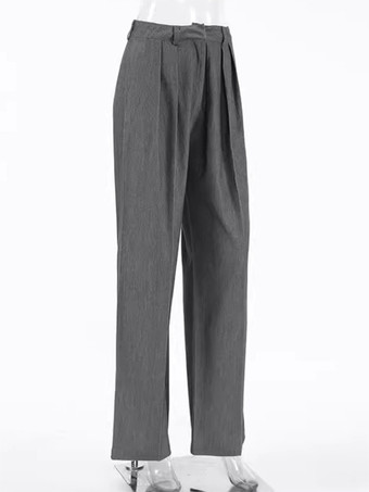 グレー ストレート レッグ トラウザー ウエスト上げ プリーツ 春 カジュアル ワイドレッグ パンツ レディース 2025