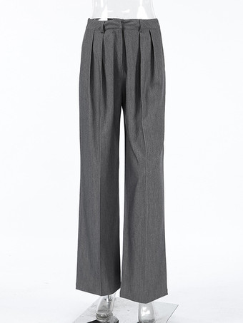 グレー ストレート レッグ トラウザー ウエスト上げ プリーツ 春 カジュアル ワイドレッグ パンツ レディース 2025