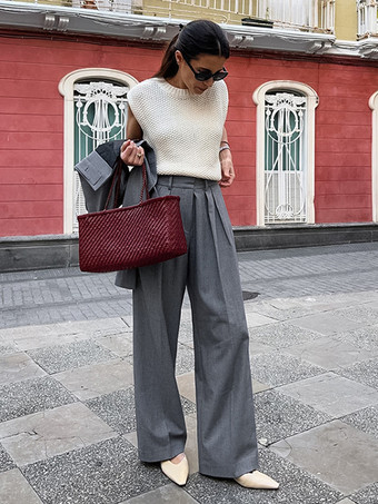 グレー ストレート レッグ トラウザー ウエスト上げ プリーツ 春 カジュアル ワイドレッグ パンツ レディース 2025