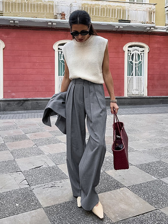 グレー ストレート レッグ トラウザー ウエスト上げ プリーツ 春 カジュアル ワイドレッグ パンツ レディース 2025