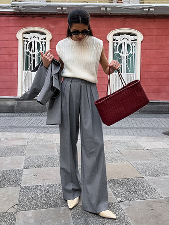 グレー ストレート レッグ トラウザー ウエスト上げ プリーツ 春 カジュアル ワイドレッグ パンツ レディース 2025