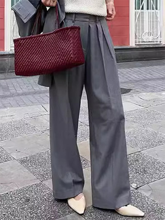 グレー ストレート レッグ トラウザー ウエスト上げ プリーツ 春 カジュアル ワイドレッグ パンツ レディース 2025
