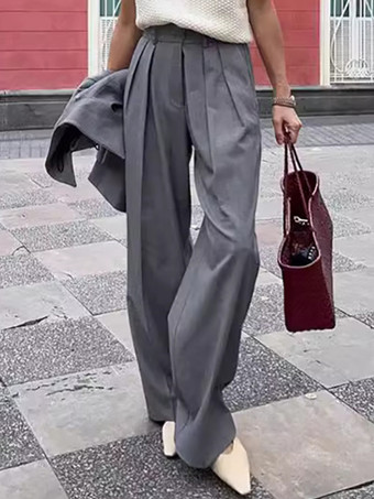 グレー ストレート レッグ トラウザー ウエスト上げ プリーツ 春 カジュアル ワイドレッグ パンツ レディース 2025