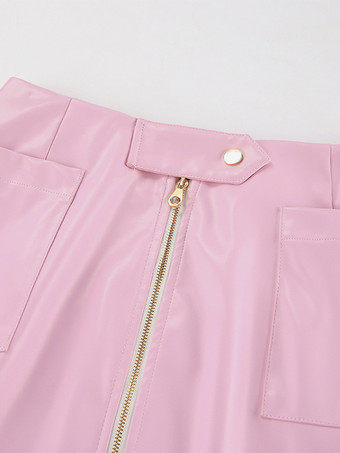 Rosa Kunstlederrock mit Taschen erhöhter Taille lässiger Frühlings-Midirock mit Schlitz für Frauen 2025