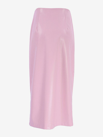 Rosa Kunstlederrock mit Taschen erhöhter Taille lässiger Frühlings-Midirock mit Schlitz für Frauen 2025