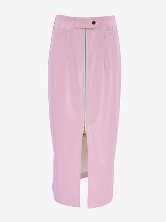 Rosa Kunstlederrock mit Taschen erhöhter Taille lässiger Frühlings-Midirock mit Schlitz für Frauen 2025