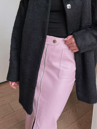 Rosa Kunstlederrock mit Taschen erhöhter Taille lässiger Frühlings-Midirock mit Schlitz für Frauen 2025