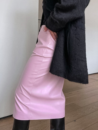 Rosa Kunstlederrock mit Taschen erhöhter Taille lässiger Frühlings-Midirock mit Schlitz für Frauen 2025