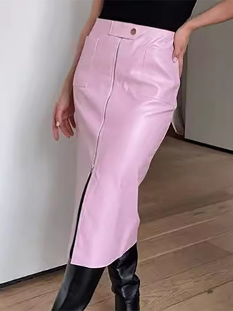 RosaRosa Kunstlederrock mit Taschen erhöhter Taille lässiger Frühlings-Midirock mit Schlitz für Frauen 2025
