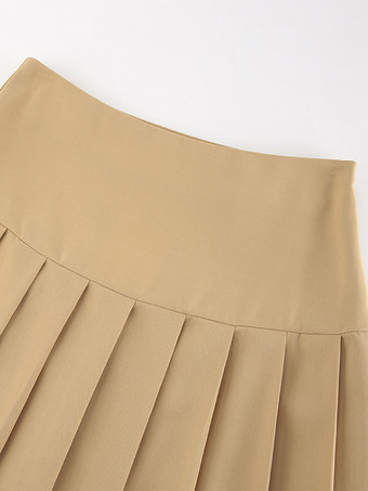 カーキ色のプリーツロングスカート ウエスト上げ 無地 エレガント 春 スカート レディース 2025