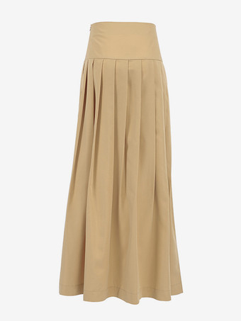 カーキ色のプリーツロングスカート ウエスト上げ 無地 エレガント 春 スカート レディース 2025
