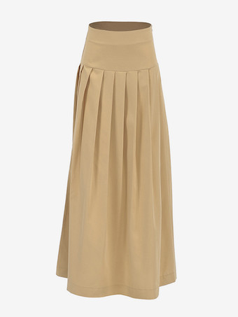 カーキ色のプリーツロングスカート ウエスト上げ 無地 エレガント 春 スカート レディース 2025