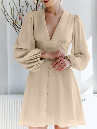 スケータードレス カーキ ディープVネック ロングパフスリーブ Aライン セミフォーマル パーティー ミニドレス レディース 2025