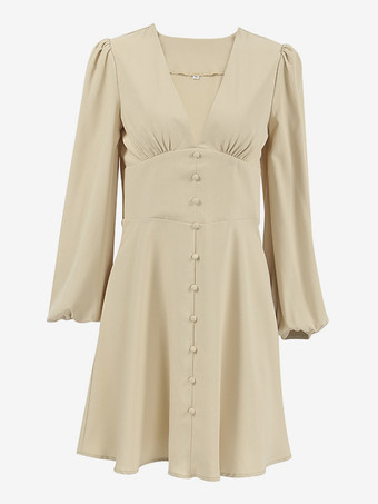 スケータードレス カーキ ディープVネック ロングパフスリーブ Aライン セミフォーマル パーティー ミニドレス レディース 2025