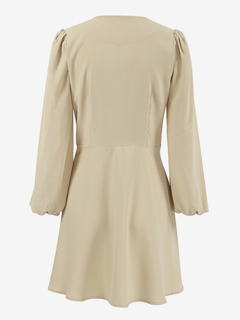 スケータードレス カーキ ディープVネック ロングパフスリーブ Aライン セミフォーマル パーティー ミニドレス レディース 2025