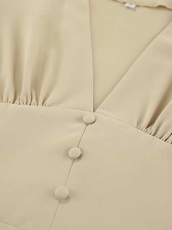 スケータードレス カーキ ディープVネック ロングパフスリーブ Aライン セミフォーマル パーティー ミニドレス レディース 2025