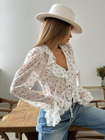 フローラルフリルブラウス、フロントタイ付き、Vネックベル、長袖、シアークロップトップ、レディース用、2025