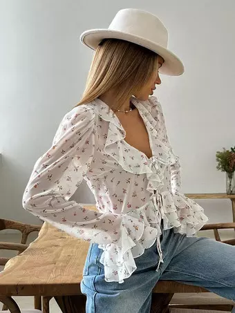 LYANER Chemisier Femme Manches Longues Volants Col V - Blouse Décontractée Élégante